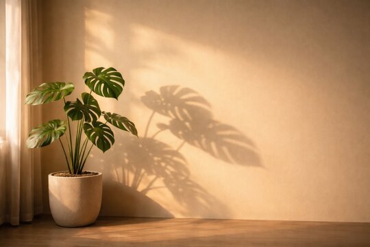 Warm sunlight highlights indoor potted plant shadow on smooth beige wall with copy space