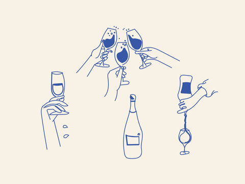 Champagne celebration Stylized vineyard scene with wine glasses warm tone doodle sketch vector illustration