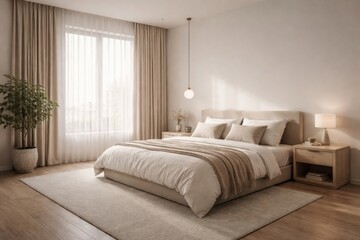Fototapeta premium Minimalist style bedroom with a double bed, soft pillows, a floor carpet, and large window dressed with curtains