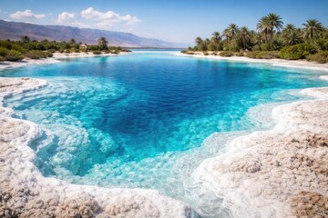 Fototapeta premium Scenic salt lake with vibrant blue water and dazzling white salt edges near oasis