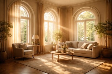 Fototapeta premium Tranquil interior bathed in warm sunlight filtering through elegant arched windows