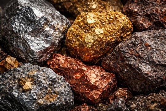 Textured closeup of metallic ores displaying silver gold copper zinc and iron for composition research