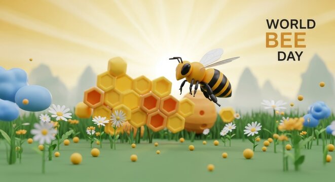 3D cartoon bee flying near honeycomb for World Bee Day celebration