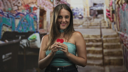 Naklejka premium Woman holding small red paper heart near chest, smiling while presenting it in a graffiti stairway street with stairs and a dumpster behind her; romance affection warmth.