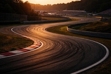 Fototapeta premium Sinuous racing course highlighted by fading daylight displaying clear tire trails and shadowed edges