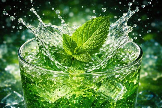 Fresh mint leaf hitting icy green soft drink causing splash