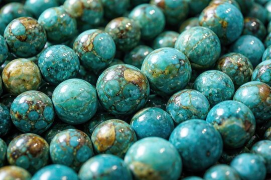 Close detail of colorful natural turquoise quartz bead strings in macro
