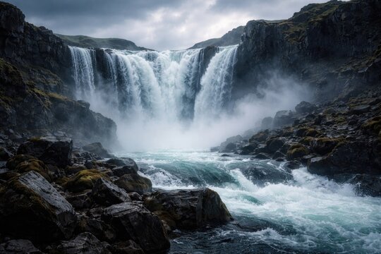 Powerful Icelandic foss with mist rising around the rocks