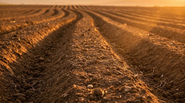 Freshly plowed agricultural field with long soil furrows glowing at sunset in rural farmland.