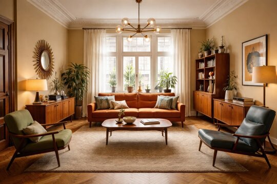 Stylish mid century modern vintage interior design in a renovated tenement living room