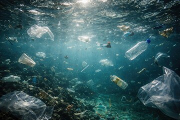 Obraz premium Sea filled with floating plastic trash demonstrating underwater pollution