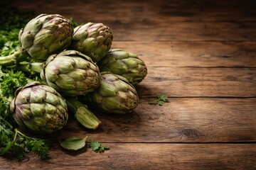 Fototapeta premium Group of artichokes resting on natural wood panel featuring copy space