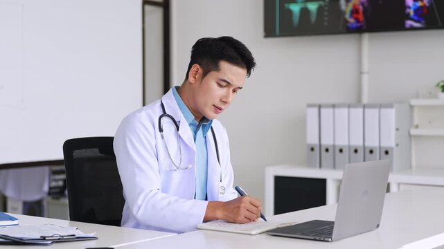 Doctor or GP talk consult client online on computer,  doctor speak with sick patient on video call use Webcam conference on laptop.
