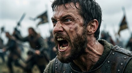 Fototapeta premium Fierce Warrior Shouting in Battle Battle Shouting Anger Medieval Conflict Fighting Emotion. Concept featuring battle, shouting, anger, medieval, conflict for professional commercial design.