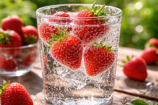 Strawberries effervescing in carbonated water illustrating healthy drink options with organic summer produce