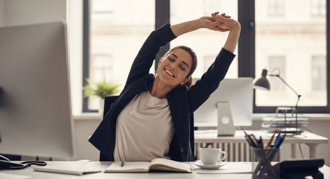 Happy Young Businesswoman in Black Blazer and White Blouse Stretching with Arms Overhead at a Modern Office Desk with Computers and White Coffee Cup