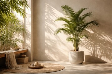 Obraz premium Sunlit indoor corner with a potted palm tree casting refined shadows alongside bamboo leaves