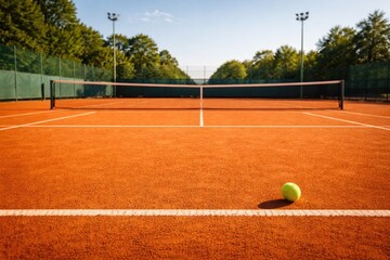 Obraz premium Ample copy space around an empty clay tennis court with orange rough surface and visible net and baseline plus yellow green tennis ball outdoors