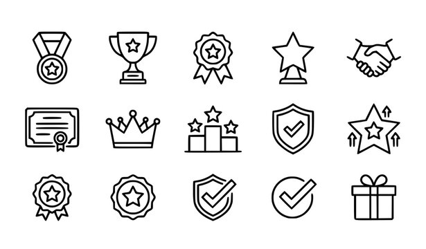 Achievement badge and reward line icon collection with success and gamification symbols in circular layout