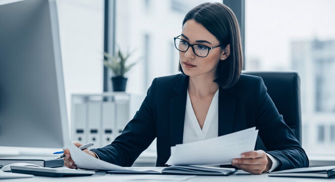 Serious professional businesswoman in a dark suit with glasses working with documents at her desk in a modern office environment