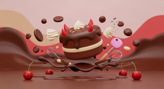 3D illustration of a devilish cake celebrating National Devils Food Cake Day
