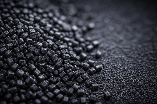 Macro shot of textured granulated polyamide 66 black material with large copy space