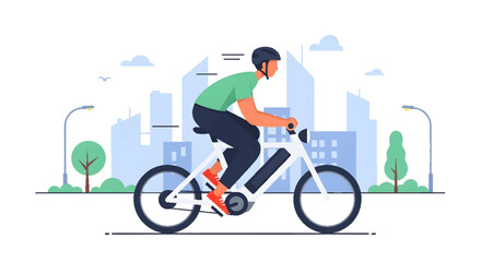 Fototapeta premium Man riding an electric bicycle through a modern city with skyscrapers and trees, promoting sustainable urban transportation.