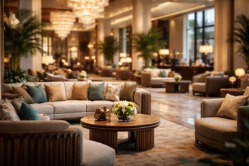 Obraz premium High end hotel lobby blurred background showcasing vacation furniture arrangements