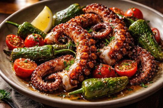 Octopus specialty with Padron peppers and sun-ripened tomatoes in regional recipe