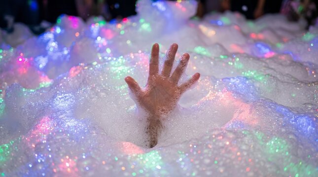 Hand Emerging from Colorful Foam Colorful Lights Hand Bubbles Celebration Fun Nightlife Party. Concept featuring colorful lights, hand, bubbles, celebration, fun for professional commercial design.