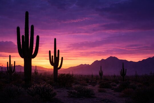 Silhouetted cacti in a desert twilight setting with purple sky and mountain range background plus Copy Space