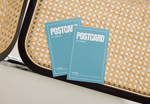 Mockup Of Two Customizable Post Cards On Chair