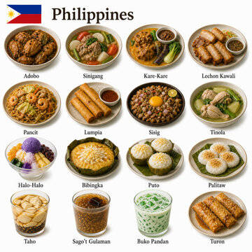  En la imagen se presentan los platos m&aacute;s famosos de la cocina filipina como adobo, sinigang, lechon kawali y halo halo, junto con postres y bebidas tradicionales filipinas.
