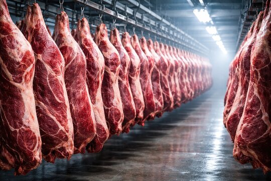 Rows of fresh beef portions suspended in meat industry cold storage with copy space
