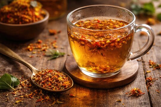Warm herbal beverage featuring safflower and spoonful arranged