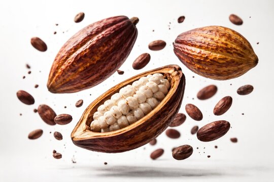 Hovering cocoa pods and loose beans in front of a smooth white background