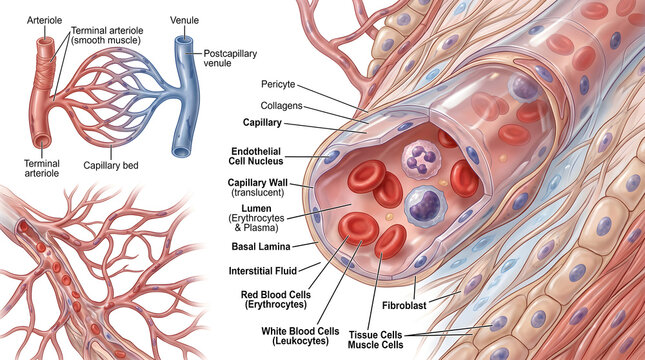 Anatomical diagram of a capillary within a capillary bed showing arteriole and venule connections, endothelial wall, red and white blood cells, plasma and surrounding tissue cells to explain nutrient 