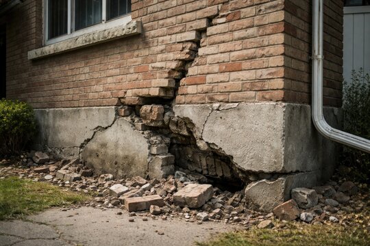 Cracked ashlar brickwork harming foundation integrity of residential building
