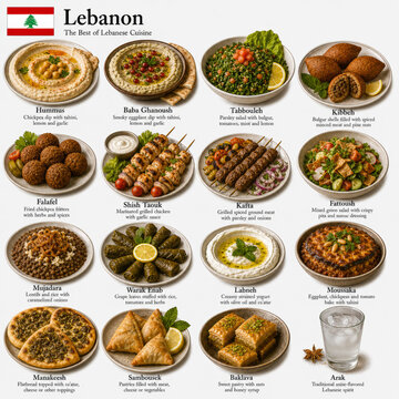  En la imagen se muestran los platos m&aacute;s famosos de la cocina libanesa como hummus, tabbouleh, kibbeh y shawarma, representando la rica tradici&oacute;n culinaria del L&iacute;bano.
