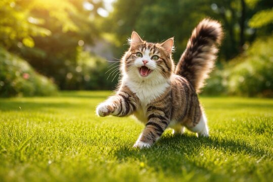 Playful pet cat frolicking on a rich green grass lawn captured in full length view on summer day
