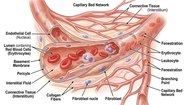 Detailed anatomical illustration of a capillary bed network showing blood vessel lumen, red and white blood cells, endothelial cells, pericytes, interstitial fluid and surrounding connective tissue fi