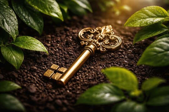 Symbolic gold key on dark soil accompanied by green foliage highlighting property investment and wealth protection strategies
