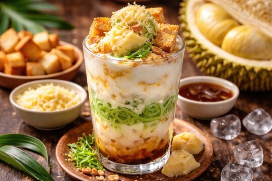 Sweet Durian Cendol Ice Drink Enhanced by Bread and Cheese