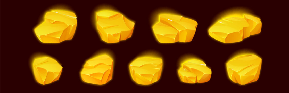 Gold nugget collection with raw ore stones and precious gems for game UI design. Cartoon vector icons of glowing golden treasure pieces, shiny metal chunks and amber crystals on black background.
