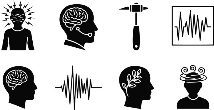 Medical diagnostic icon set vector illustration with silhouette and line art head symbols.