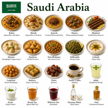  En la imagen se muestran los platos m&aacute;s famosos de la cocina saud&iacute; como kabsa, mandi, mutabbaq y d&aacute;tiles &aacute;rabes, representando la gastronom&iacute;a tradicional de Arabia Saudita.

