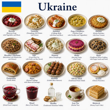  En la imagen se muestran los platos m&aacute;s famosos de la cocina ucraniana como борщ, вареники, голубцы и котлета по-киевски, representando recetas tradicionales y sabores aut&eacute;nticos de Ucrania.

