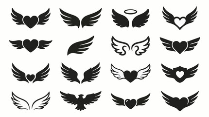 Obraz premium Set of winged symbols with eagle angel and heart silhouettes simple black vector collection for tattoo and logo design