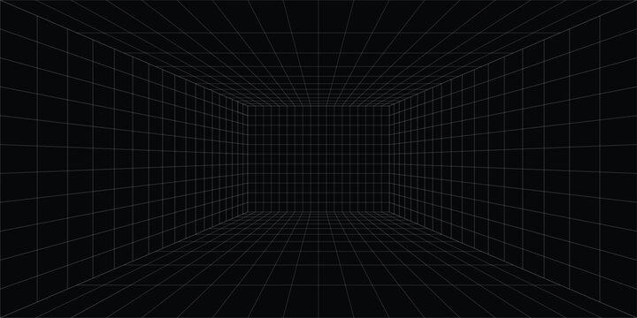 Futuristic perspective grid box. Abstract wireframe with white grid line on black background. Virtual reality landscape in 80s 90s digital style. Vector
