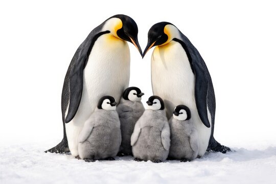 Protecting Antarctica with a group of emperor penguins and their offspring posed against a clean white backdrop